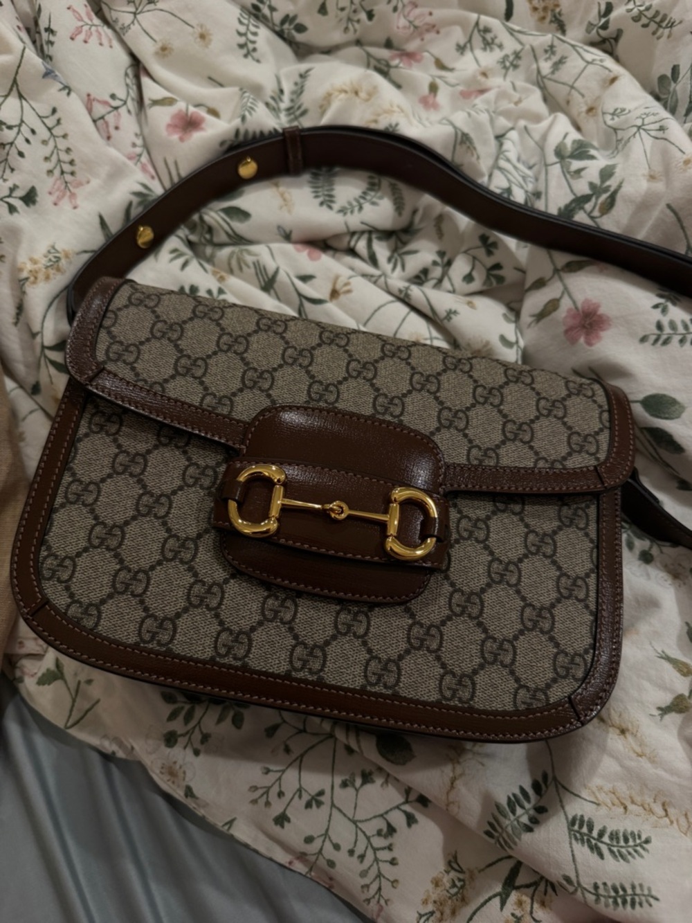 Gucci Brown Monogram Canvas 1955 Horsebit Shoulder Bag with Gold Hardware